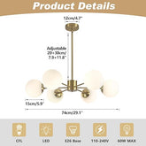 6-Light Globe Sputnik Chandelier with white milk glass shades and brushed gold finish. Mid-century modern pendant light for dining or living rooms.